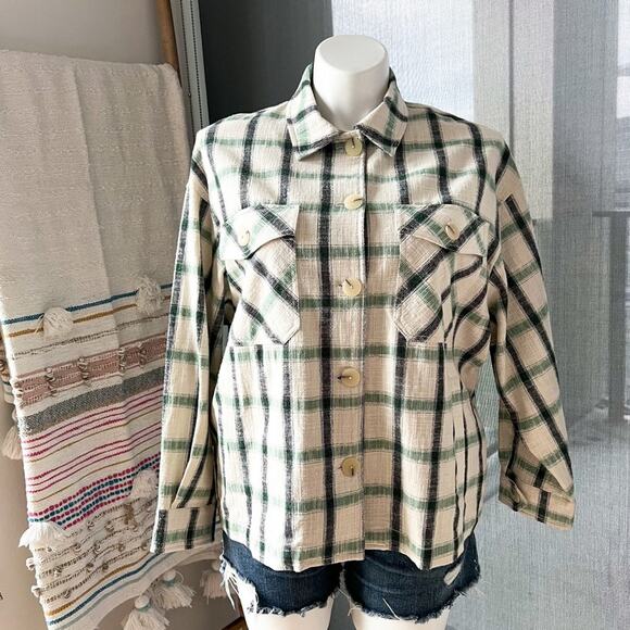 ZARA Green Cream Plaid Oversized Button Down Overshirt Shacket Womens Size Large - Picture 2 of 10